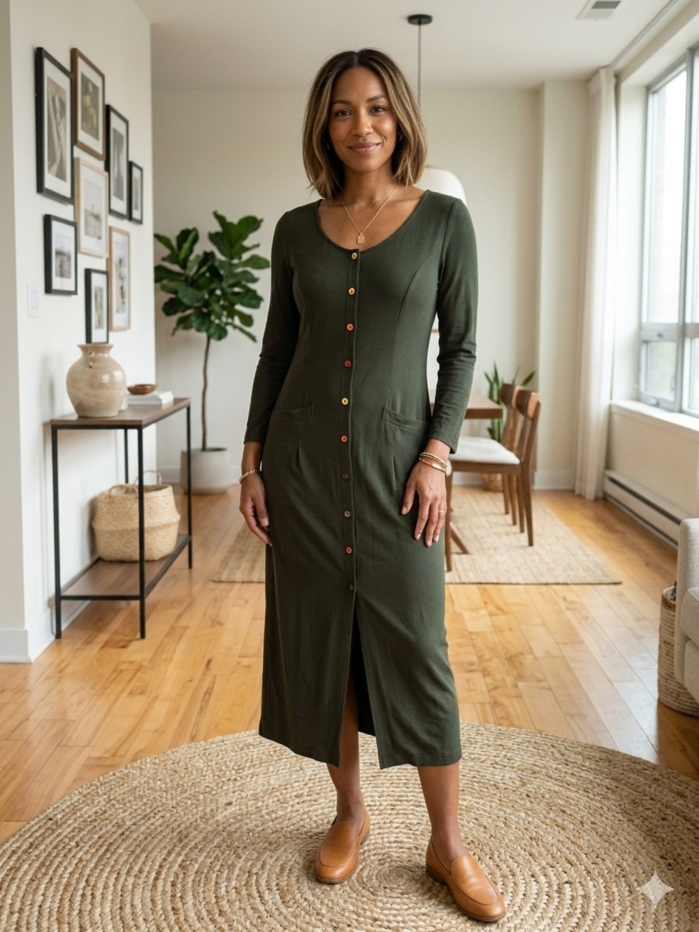 Vintage 90s Jacob Button-Front Midi Dress Olive Green Grunge Minimalist US12